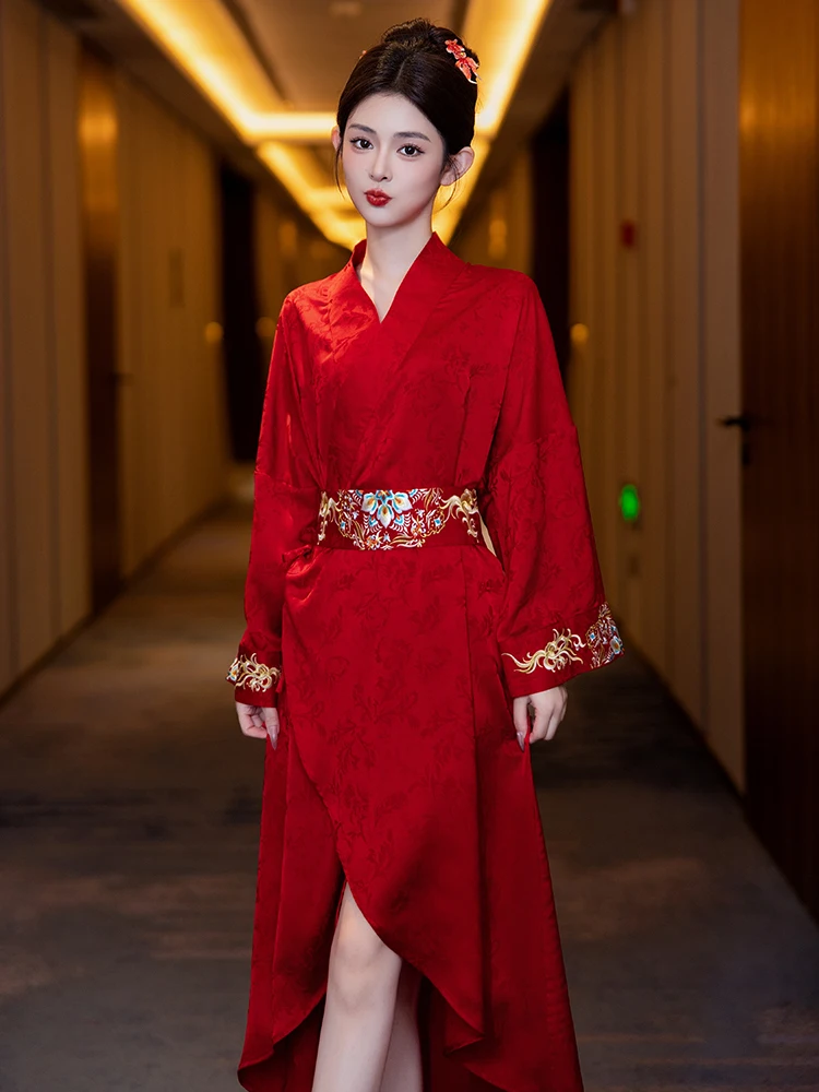 

Ele Long Silk Satin Robe for Women Wedding Red Home Clothes Embroidered Ice Silk Spwear Morning Gown V-Ne ort Sve