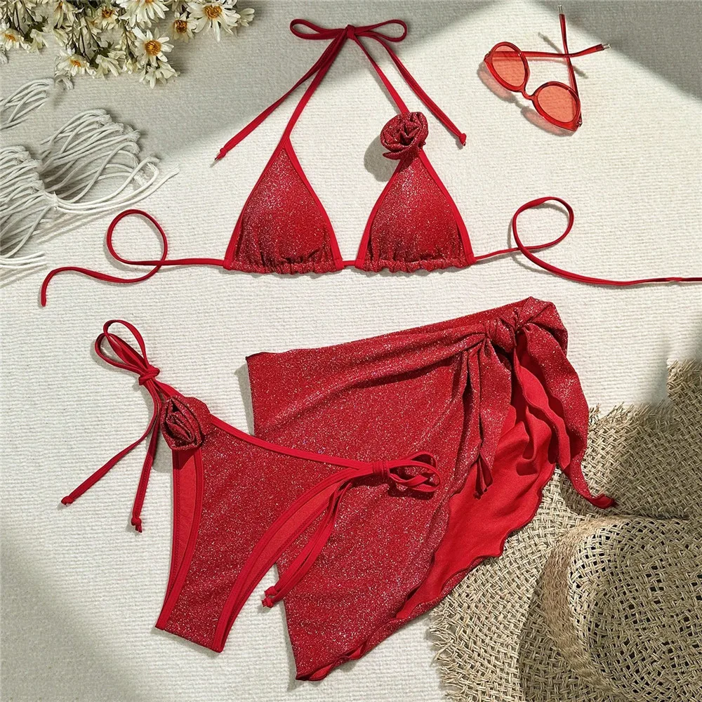 

Shiny Red 3D Flower Swimwear Halter String Triangle 3 Piece Bikini Set Cover Up Sexy Swimsuit Women 2025 Micro Thong Bikinis