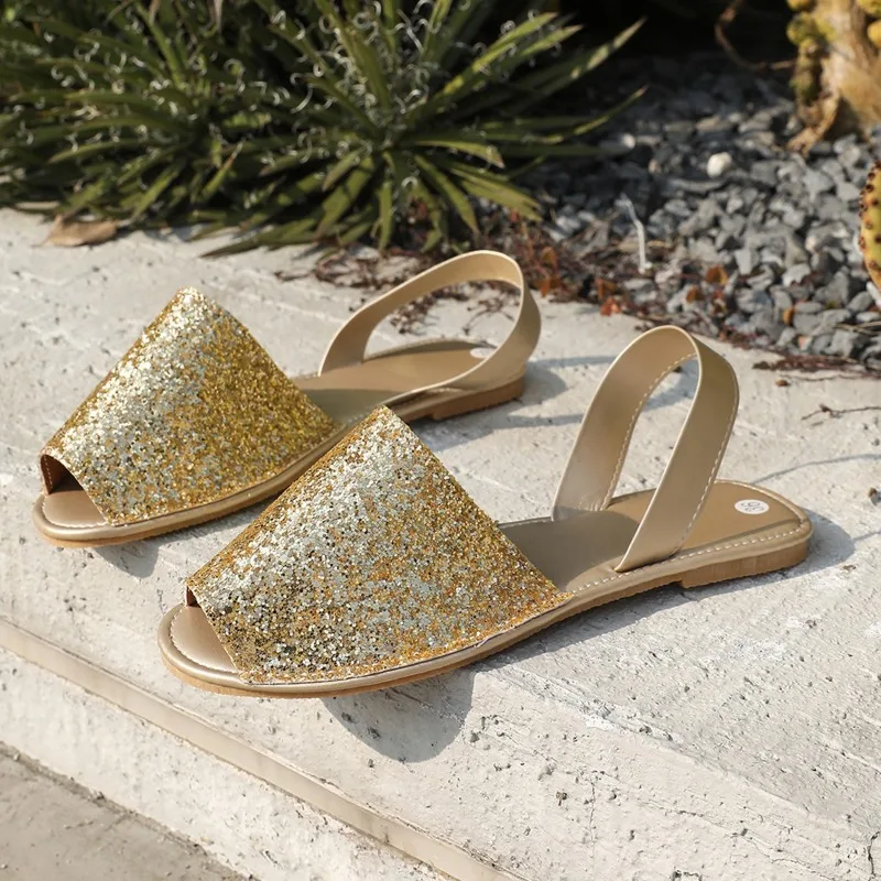 Glitter apartamentos verão nova cabeça redonda dedo do pé aberto boca rasa conjunto pé sola macia antiderrapante resistente ao desgaste chinelos