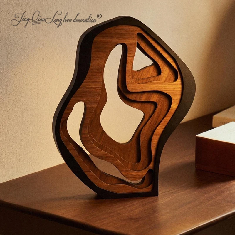 Abstract Wooden Sculpture – Minimalist Home Decor, Modern Art Object, Walnut Wooden Statue