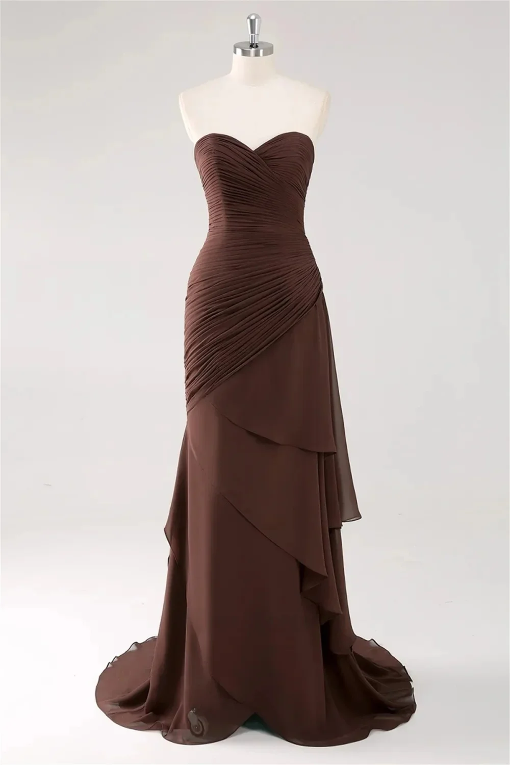

Mojy Pleated Strapless Evening Dresses Brown Long Prom Dresses Formal Sexy Off-shoulder Vestidos De Fiesta Customized