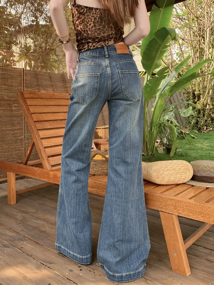 

American Style Blue Bamboo Texture Low Waist Jeans Women's Summer Hot Girl High Waist Slim Straight Floor Length Micro Flare ...