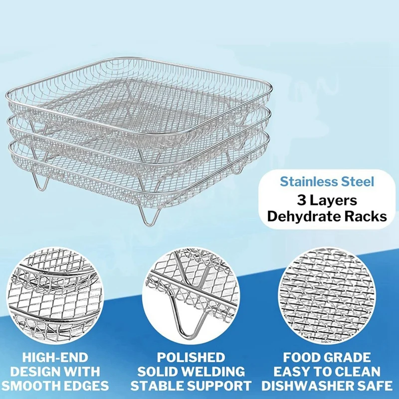 Air Fryer Accessories With Foot Cover 8Inch Square 3 Stackable Dehydrator Racks For Ninja Gowise 5.8 QT Air Fryer Racks