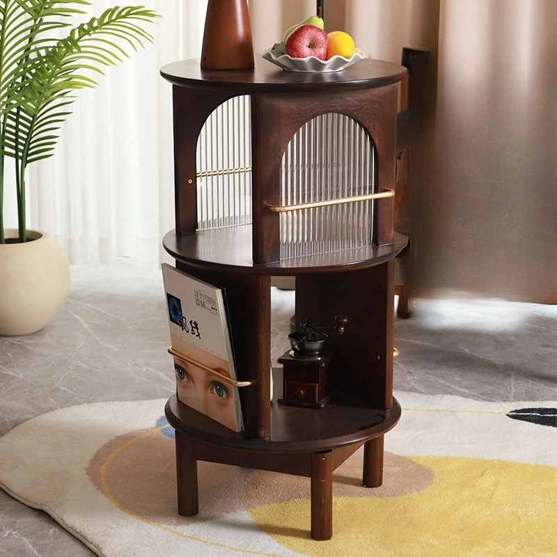 Walnut mobile rotating side cabinet corner cabinet living room sofa storage cabinet solid wood bookshelf