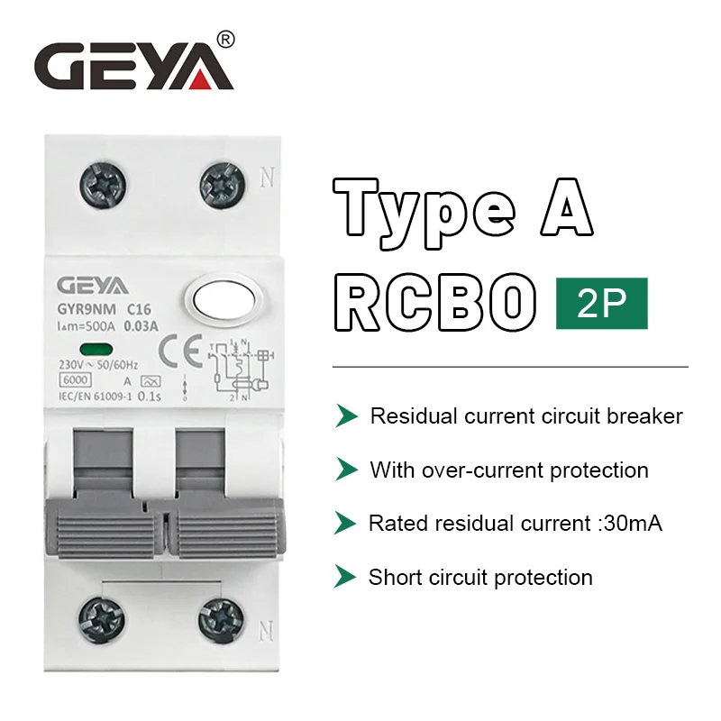 

GEYA 2P Type A RCBO MCB Leakage Protector RCBO Overload Short Circuit Protection Residual Current Circuit Breaker Switch 30mA