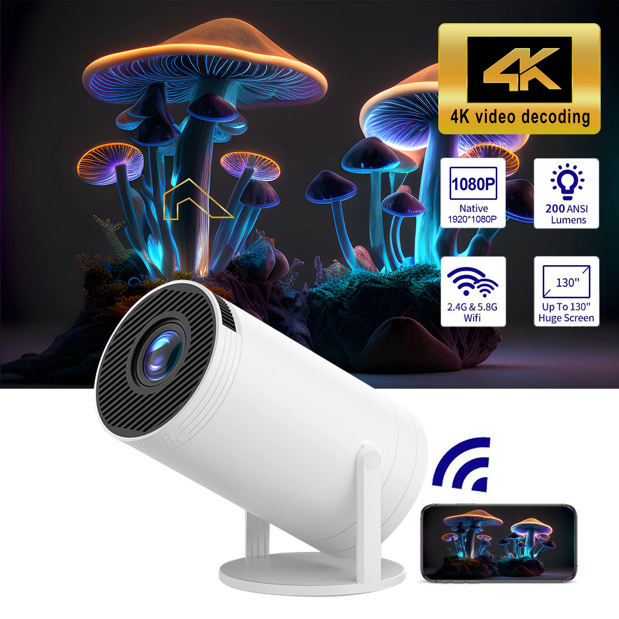 NATIVE 4K 1080P Android 11 Projector 200 ANSI Dual Wifi6 Home Cinema Outdoor portable 1920*1080P