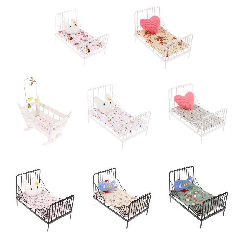 1:12 miniature bed for dolls Dollhouse Iron doll bed Furniture toy children simulation house role play toys collection gifts - Image 5