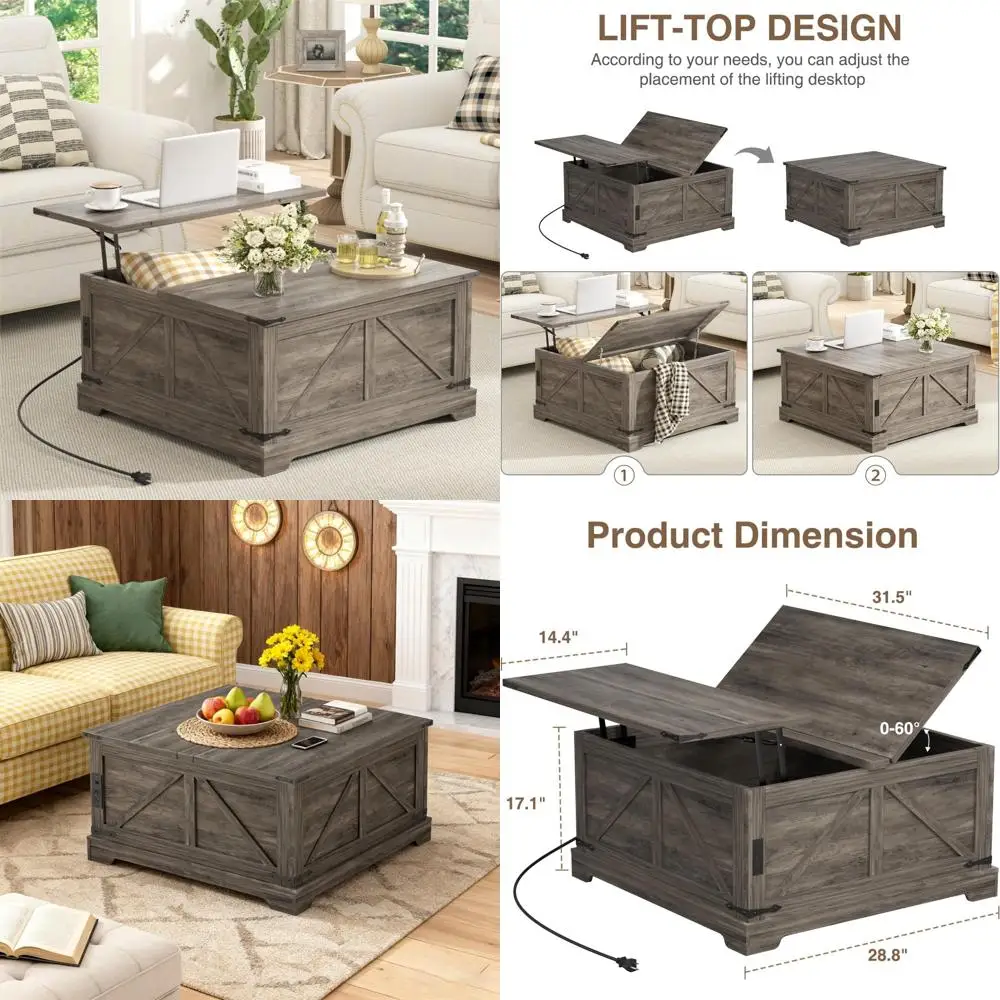 

Farmhouse Style Square Coffee Table with Lift Top and Storage, 31.5 Wide Wood Center Table featuring Charging Station, Rustic De