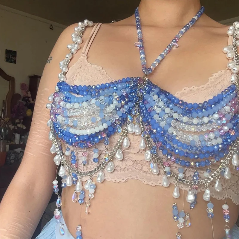 Female Handmade Festival Mermaid Top Gemstone Beaded Bralette Beach Cover Up Pearl Crystal Body Chain Jewelry Blue Rave Bra