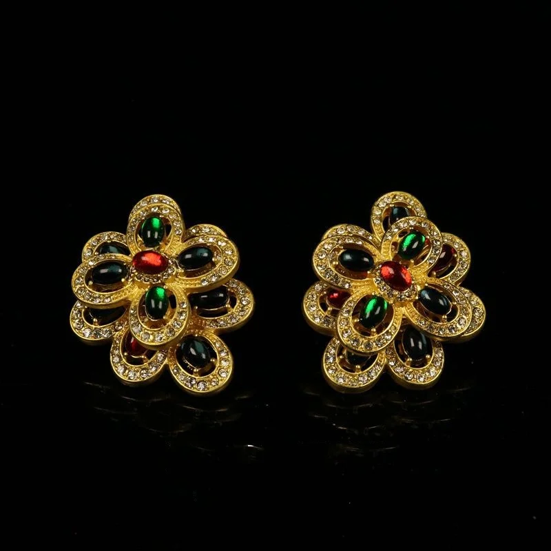 Inlaid with double flowers colored glass inlaid earrings with temperament light luxury heavy industry accessories
