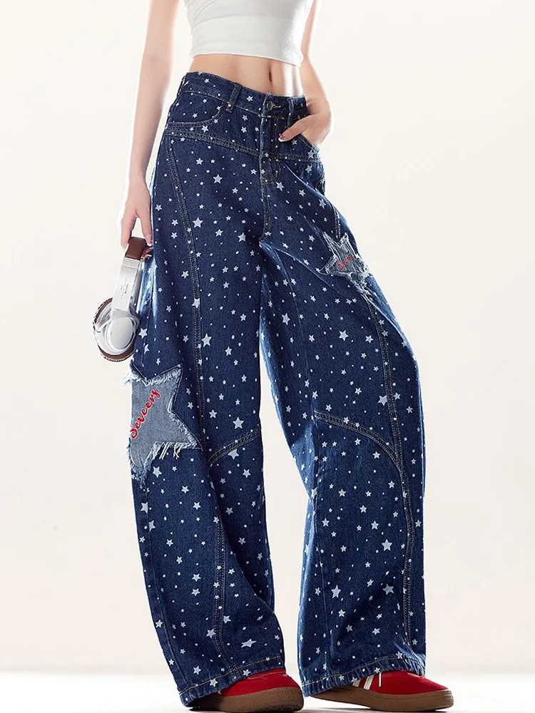 Stars Print American Jeans Women High Waist Y2K Streetwear Denim Pants Loose Hip Hop Vintage Casual Bf Harajuku Letter Trousers