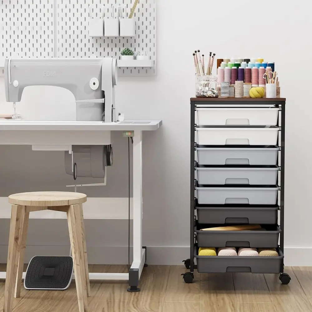 عربة تخزين دوارة ذات 8 أدراج باللون الرمادي مع سطح خشبي - مثالية للمعلمين والمكاتب وغرف الحرف اليدوية #2