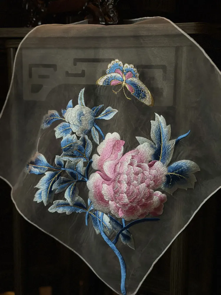 Traditional Chinese Hanfu Style Embroidered Handkerchief 100% Cotton Peony Butterfly Embroidery Vintage Portable Women Hanky For