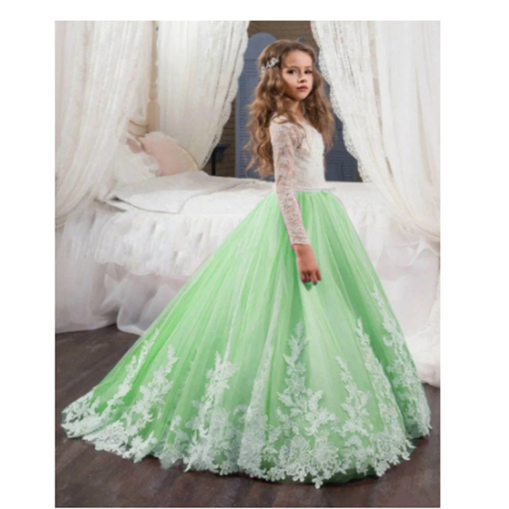 Prima comunione bianco verde Puffy Lace Appliques maniche lunghe Flower Girl abiti per la festa di compleanno di nozze