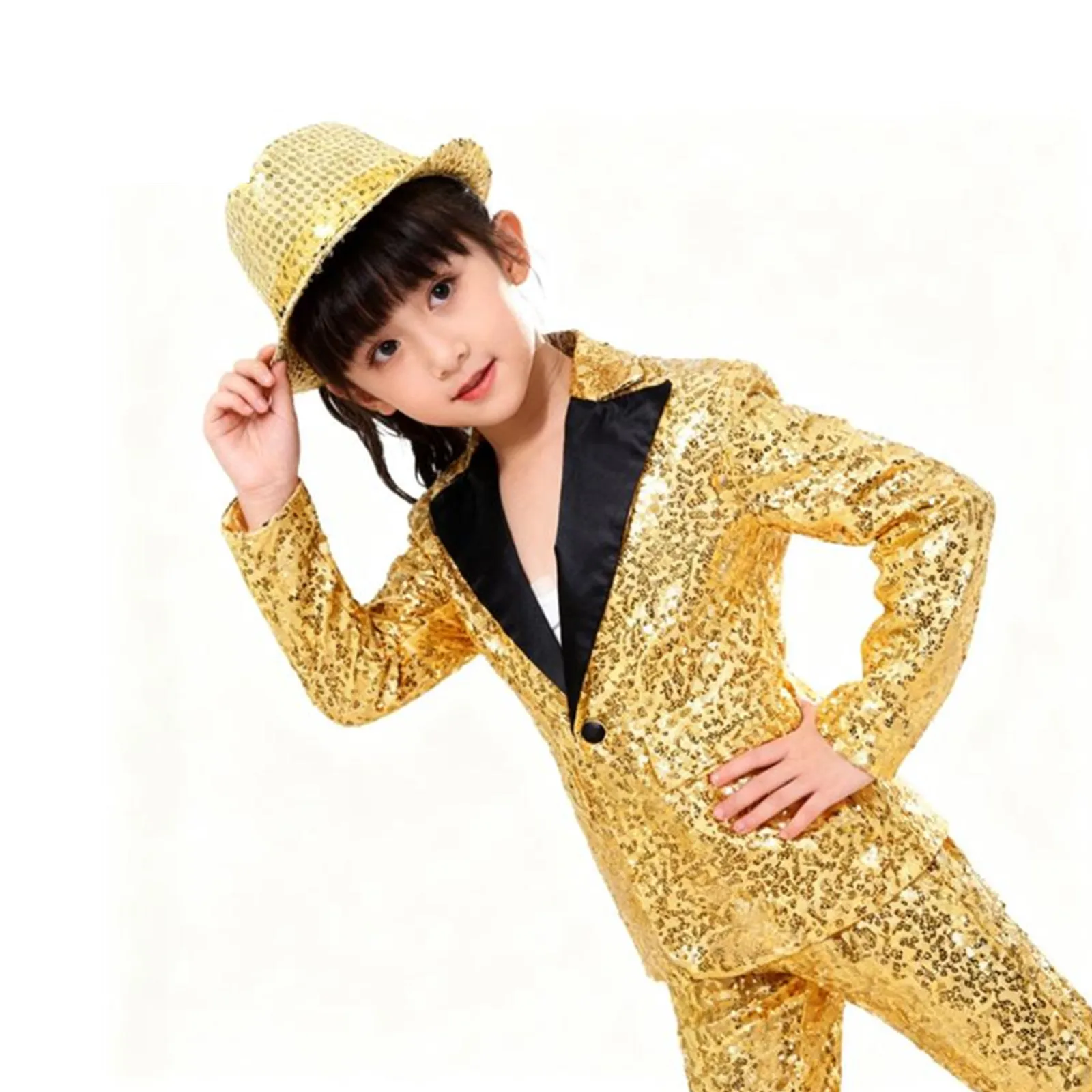 어린이 소년 재즈 댄스 공연 코스튬 샤이니 스팽글 턱시도 세트 긴팔 라펠 싱글 브레스트 재킷 코트, 페도라 모자 포함