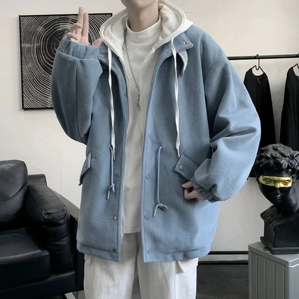 

2025 Autumn Winter Men's Trendy Wool Coat Hooded Loose Fit Korean Style Social Media Inspired Coat