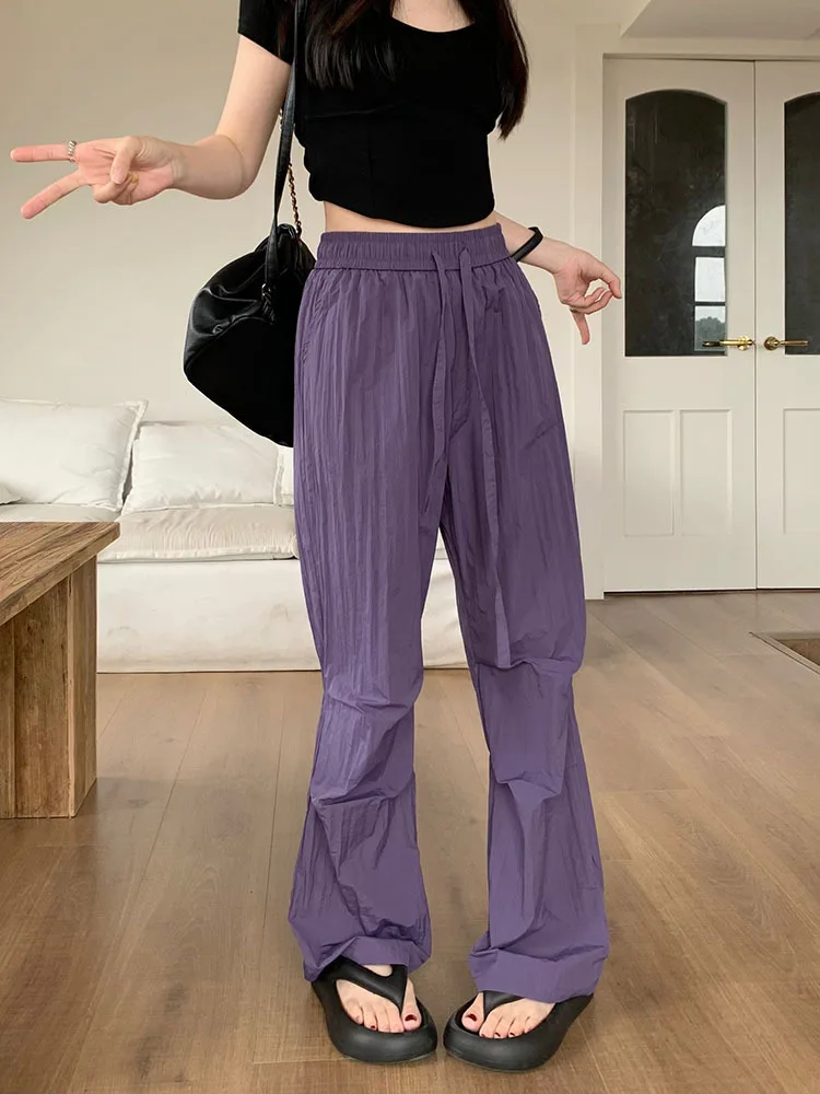 Elastic Waist Lace-up Pants Women Streetwear Purple Fashion Wide Leg Trousers 2023 Autumn New Tide Female Clothes