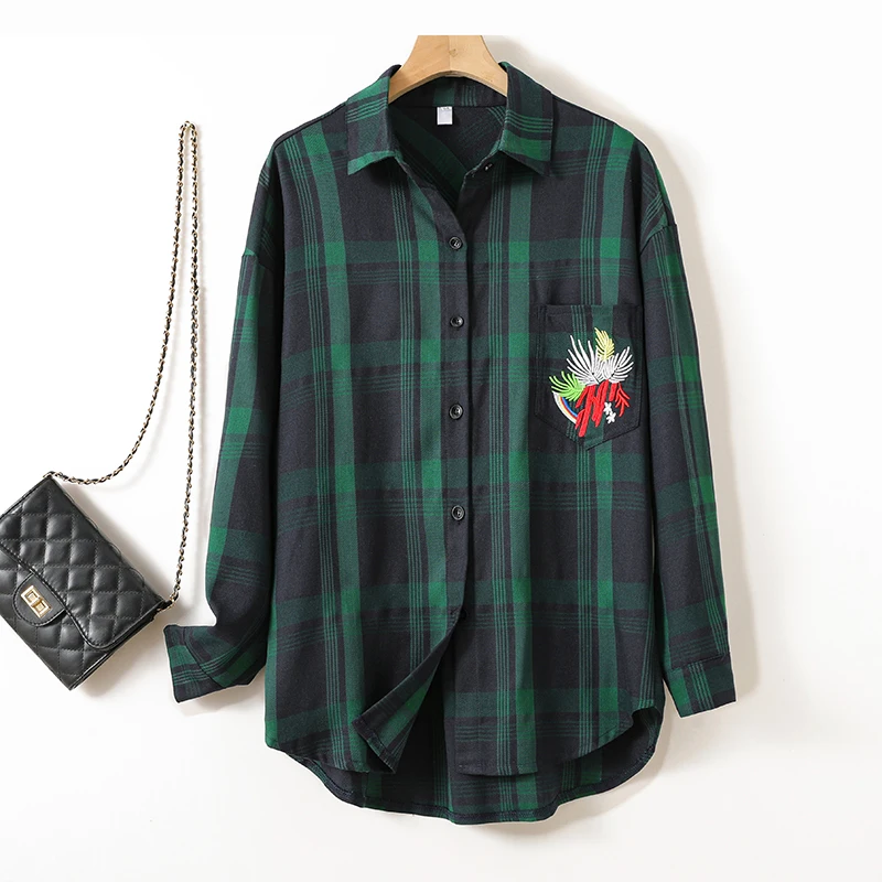 Loose Women's Plaid Long Sve irt Embroidered Mid-Length Korean Sle Spring Coat Versatile Young-looking Cotton Blend