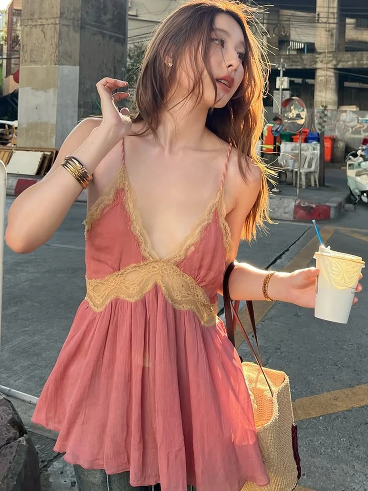 Weird Puss Spitzen-Patchwork-Camisole für Damen, V-Ausschnitt, Falten, süßer Stil, schick, Freizeit, Sommermode, Musikfestival, klassische Streetwear – Detail 12