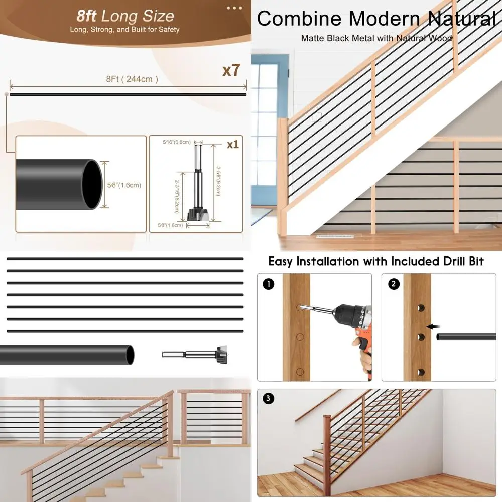 

Matte Black 7-Pack 8ft x 5/8in Round Hollow Iron Balusters for Indoor Staircases