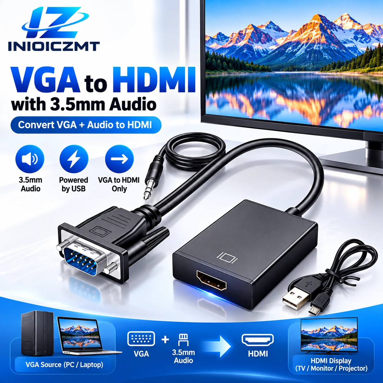 VGA To HDMI Converter 1080P Full HD Adapter with 3.5mm Audio USB Power Cable for PC Laptop Desktop Monitor TV Projector Display