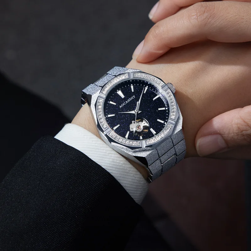 Men's Skeleton Automatic Mechanical Watch Frosted Gold Starry Sky Dial Luminous Luxury Fashion Self-Winding 42mm Clock Wholesale