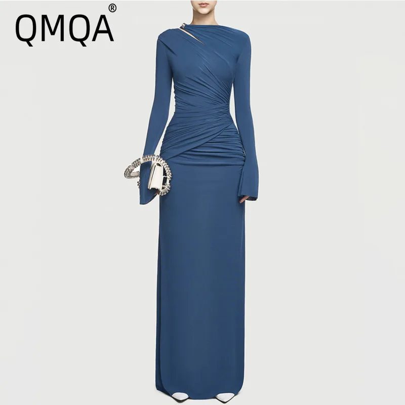 QMQA Fashion Women's Solid Slimming Spliced Folds Dresses Round Neck Long Sleeves Patchwork Zipper Dress Female Clothing QM164