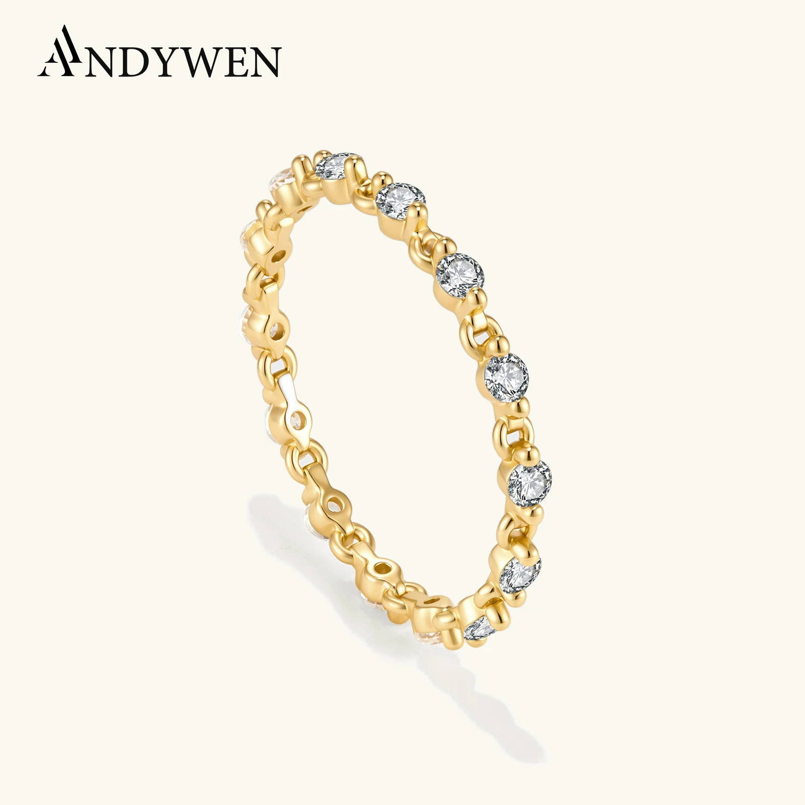 ANDYWEN 925 Sterling Silver Thin Chain Band Ring For Women Round CZ Zircon Stackable 2026 Luxury Fine Jewelry Gift