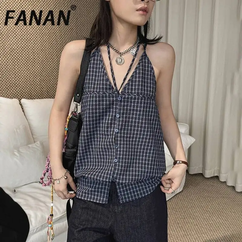FANAN Summer New Korean Style Fashionable Style Halter Neck Split Checkered Strap Design Backless Top For Women