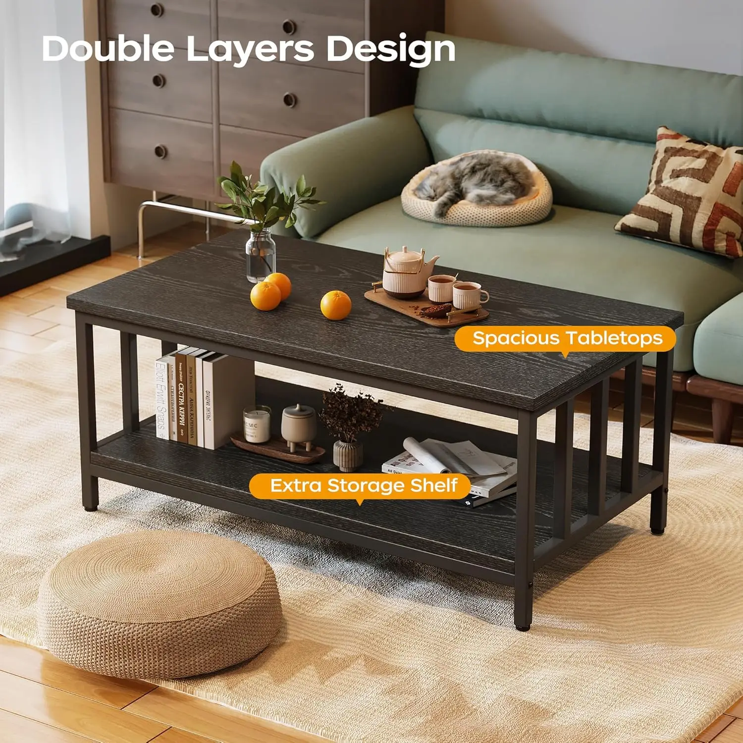 Coffee Table for Living Room with Slatted Sides Frame, Modern Farmhouse Living Room Table with 2-Tier Storage Shelf