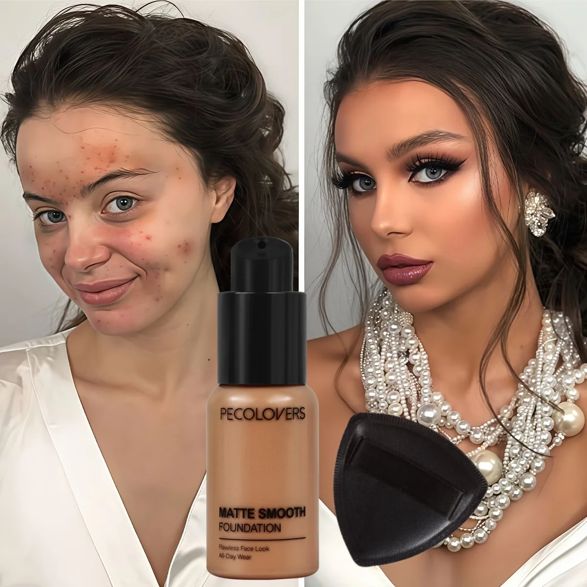2PCS/Set Liquid Foundation and Puff Effective Concealer Waterproof Makeup Professional Cosmetics Full Coverage Matte Base Makeup