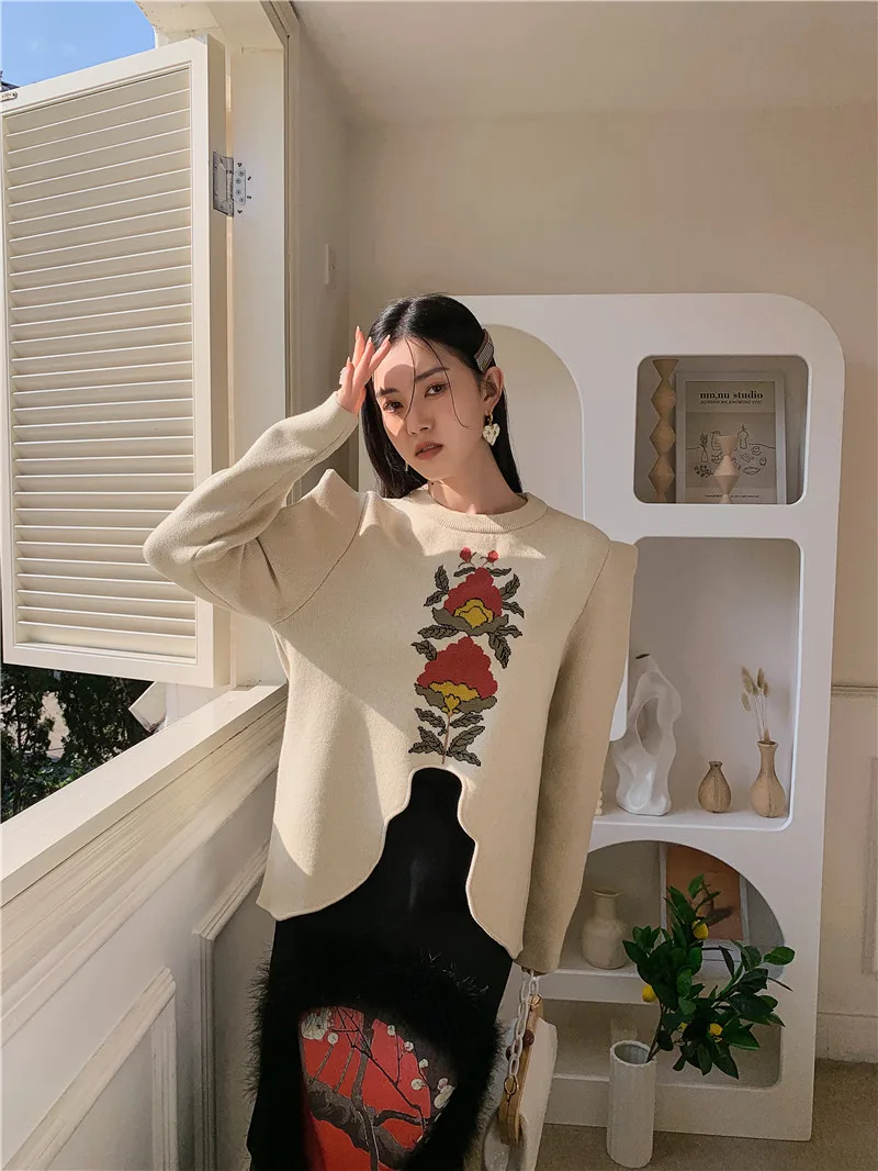 CHEERART Puff Sleeve Floral Knitted Sweaters For Women Fashion Asymmetrical Designer Sweaters And Pullovers Spring 2022 Clothing