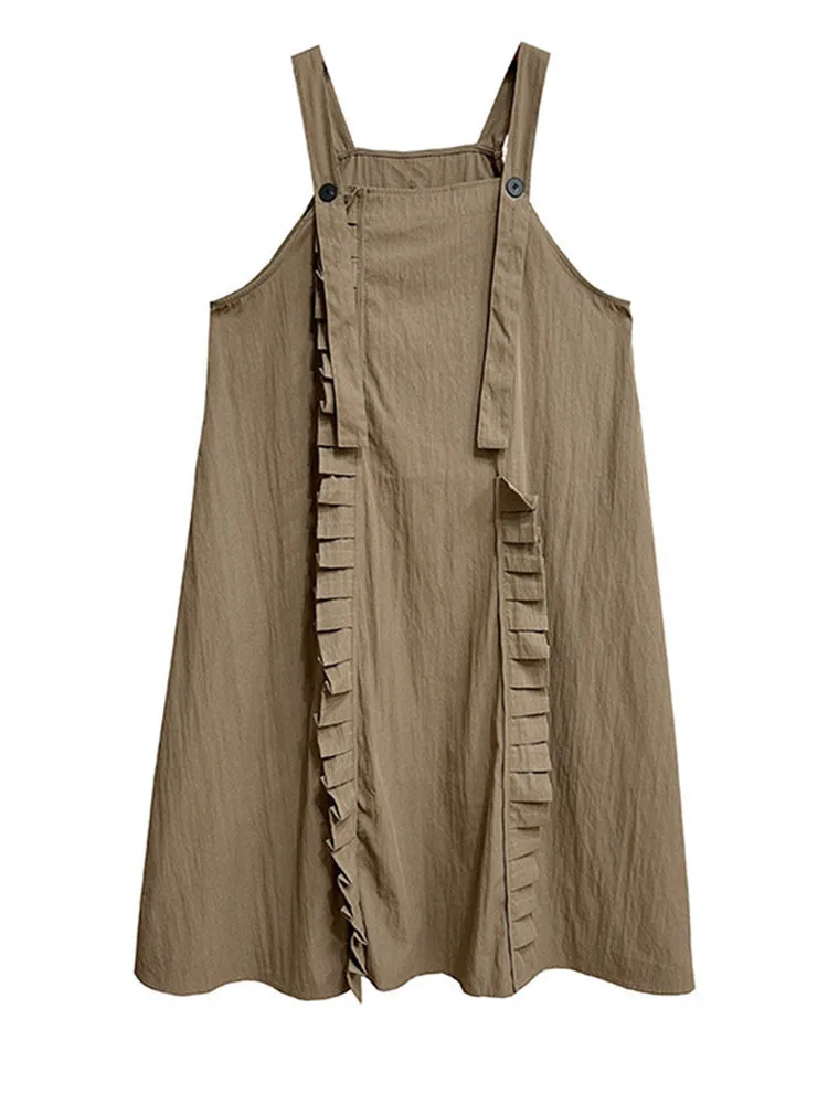 [EAM] Women Khaki Pleated Ruffles Big Size Strap Dress New Square Collar Sleeveless Fashion Tide Spring Autumn 2024 1DH6615