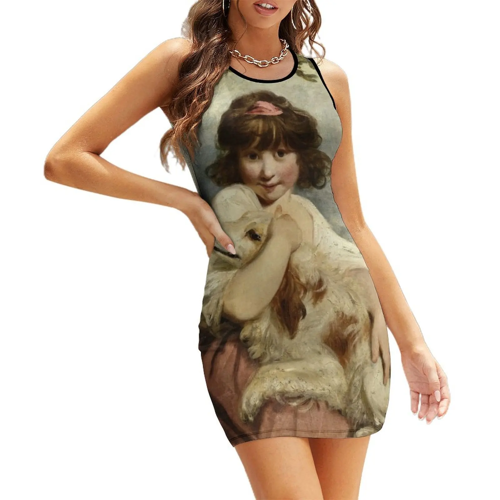 Joshua Reynolds – Ein junges Mädchen und ihr Hund. 1780 Ärmelloses Sommerkleid, Cocktailkleider, Partykleider für Damen