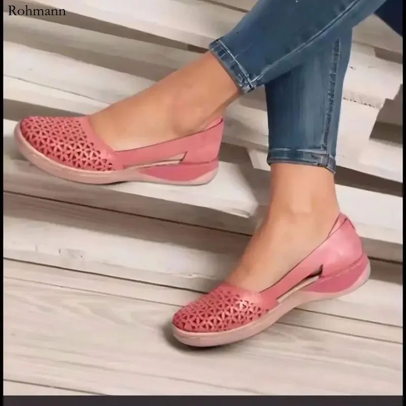 Sandálias de cunhas ocas femininas, sapatos de costura casuais, vintage, verão, novo, 2022