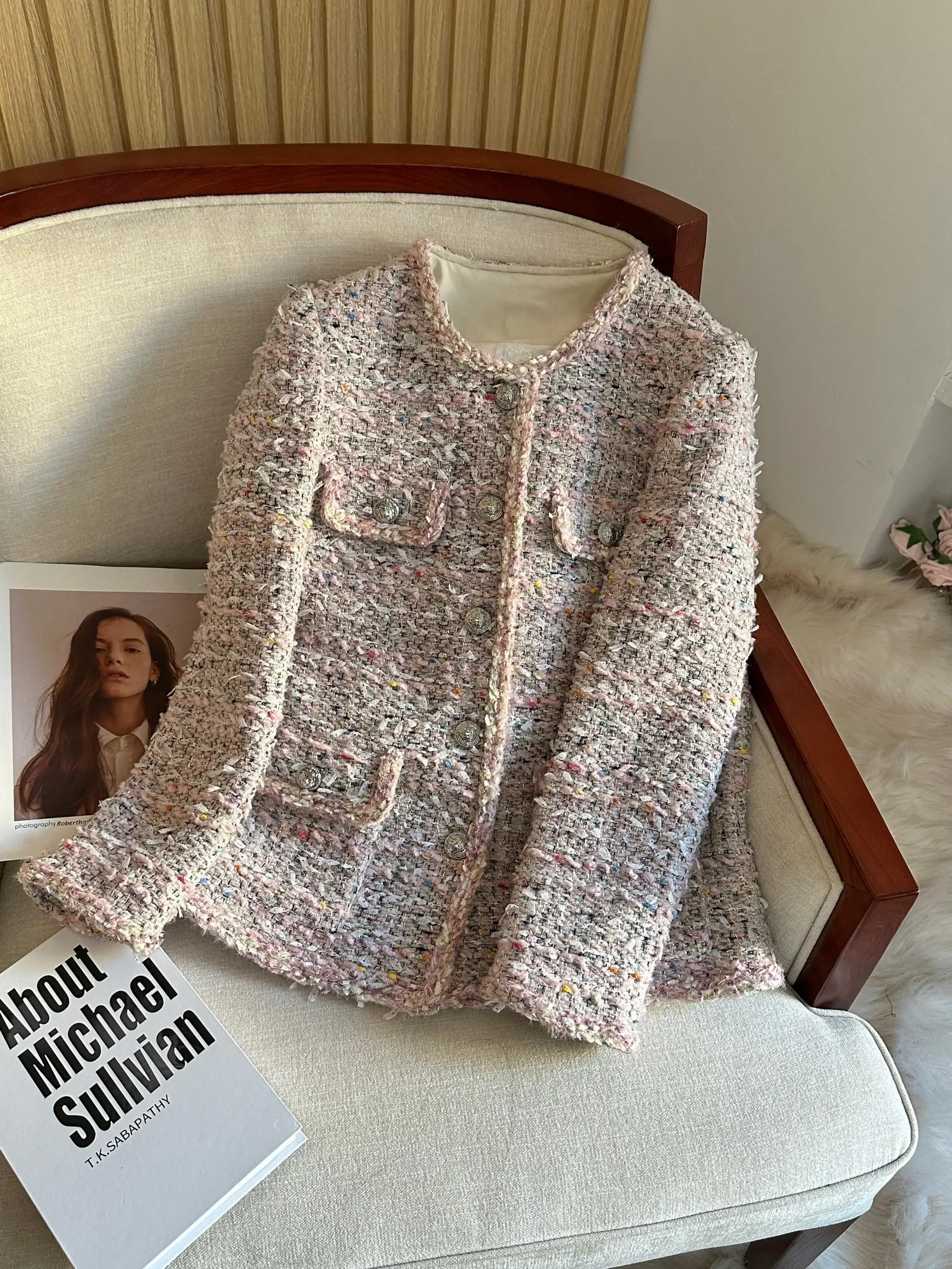 

Pink Thi Tweed Knitted awl Collar Single Button Women's Jaet Autumn Winter New Sle Ele Quali A7802 Commute S...