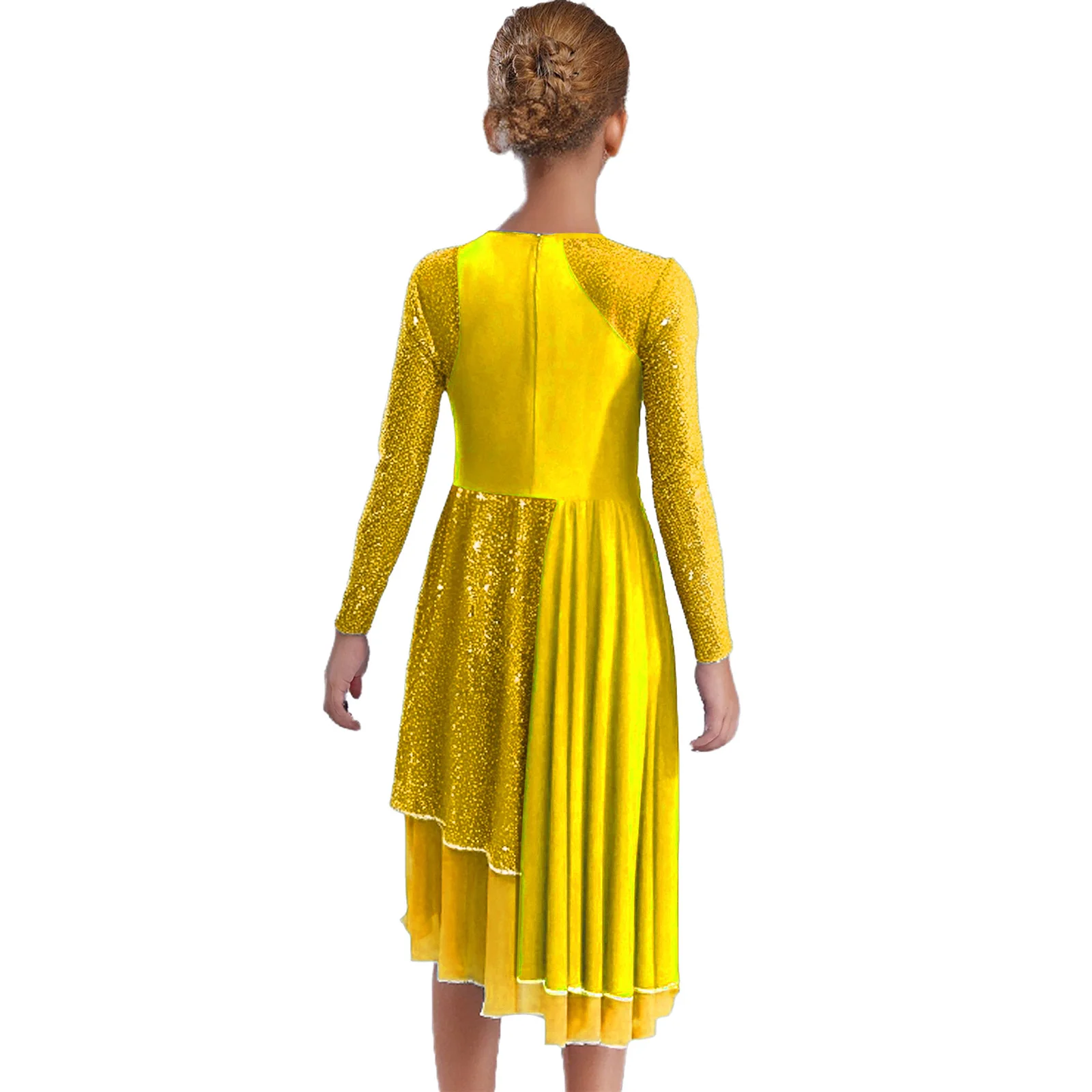 

Kids Girls Praise Lyrical Dance Dress Church Choir Worship Costume Long Sleeve Asymmetrical Hem Gown for Waltz Ballroom Dancing