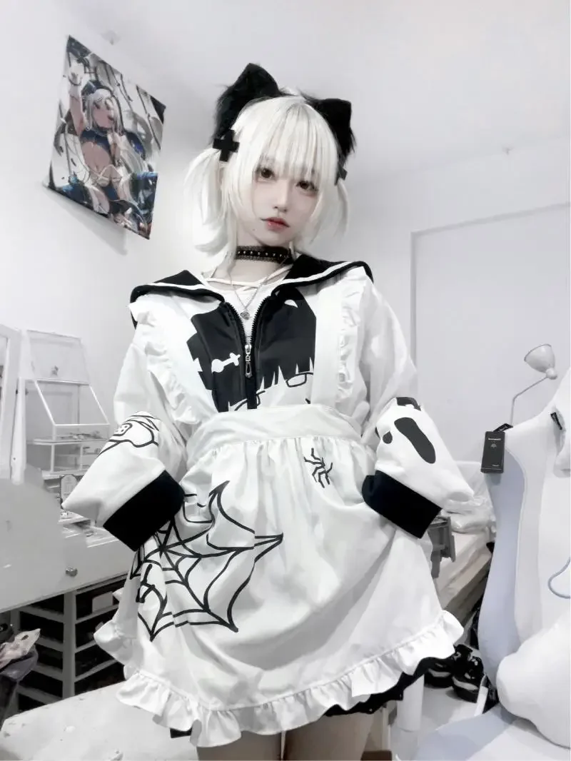 Black White Cat Ears Long Sleeve Y2k 2000s Cartoon Zip Up Jackets 2024 Autumn Winter Japanese Style Kawaii Subculture Hoodies