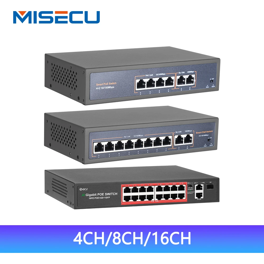 

48V Network POE Switch With 4/8/16CH 10/100Mbps Ports IEEE 802.3 af/at Over Ethernet IP Camera/Wireless AP/CCTV Camera System