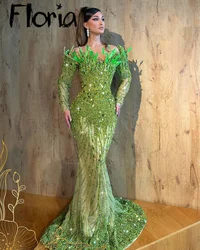 Floria-vestido de noche largo verde con hombros descubiertos para novia, vestidos de cena de boda con perlas completas, vestidos de graduación de plumas de lujo personalizados