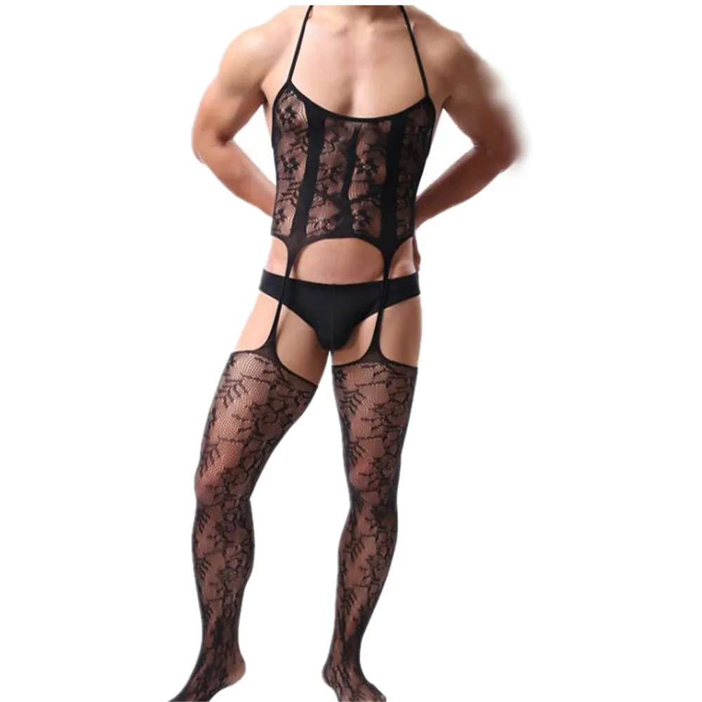 Men's One-Piece Sexy Hollow out Floral Lace Bodysuit Neck Hanging Party Sleepwear Comfortable Emotional Intimacy Costume