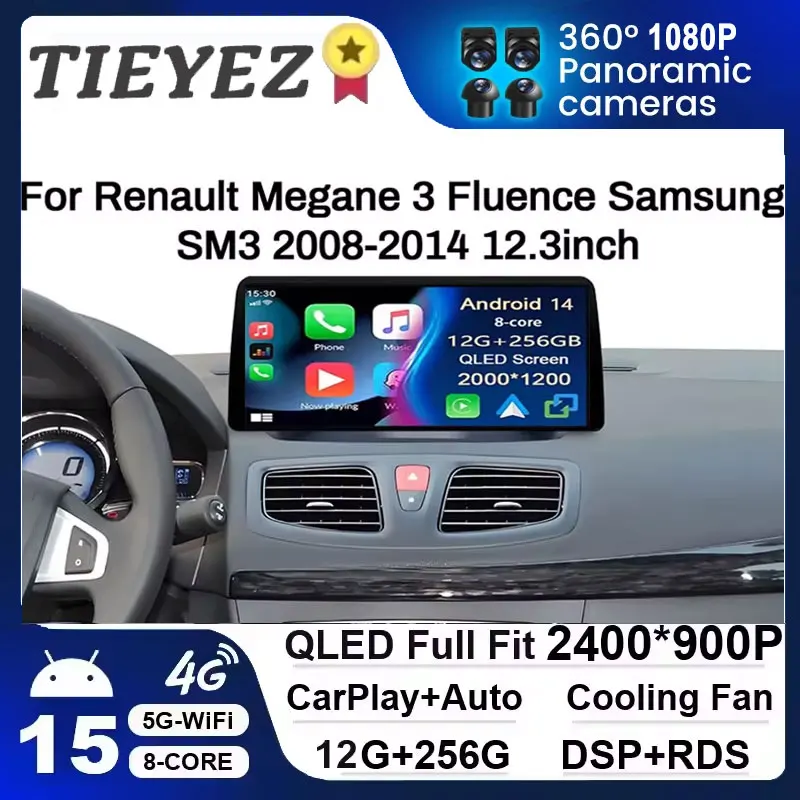12,3 pulgadas Android 15 para Renault Megane 3 Fluence Samsung SM3 2008 2009 2010-2014 BT Carplay Radio de coche pantalla táctil Multimedia