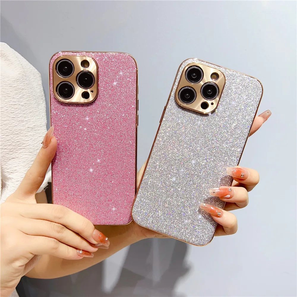 Bling Glitter Phone Case For iPhone 15 11 12 13 14 Pro Max Luxury Gold Plating Camera Lens Protection Shockproof Hard Back Cover