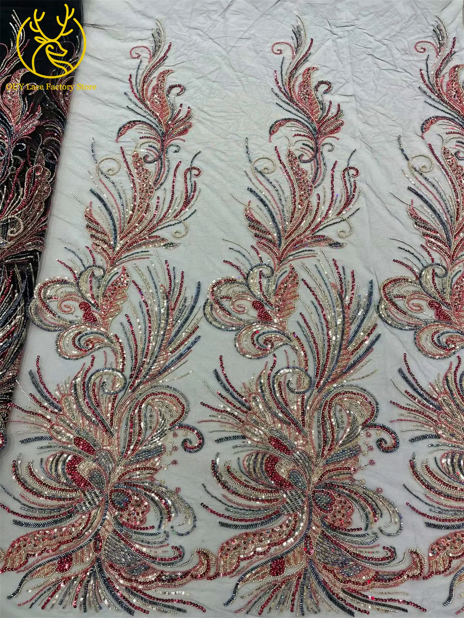 5 Yards luxuriöser afrikanischer Perlenstoff für Bräutigame 2026, exquisite nigerianische Pailletten-Stickerei-Spitze für Damen-Abendkleider zum Nähen – Detail 6