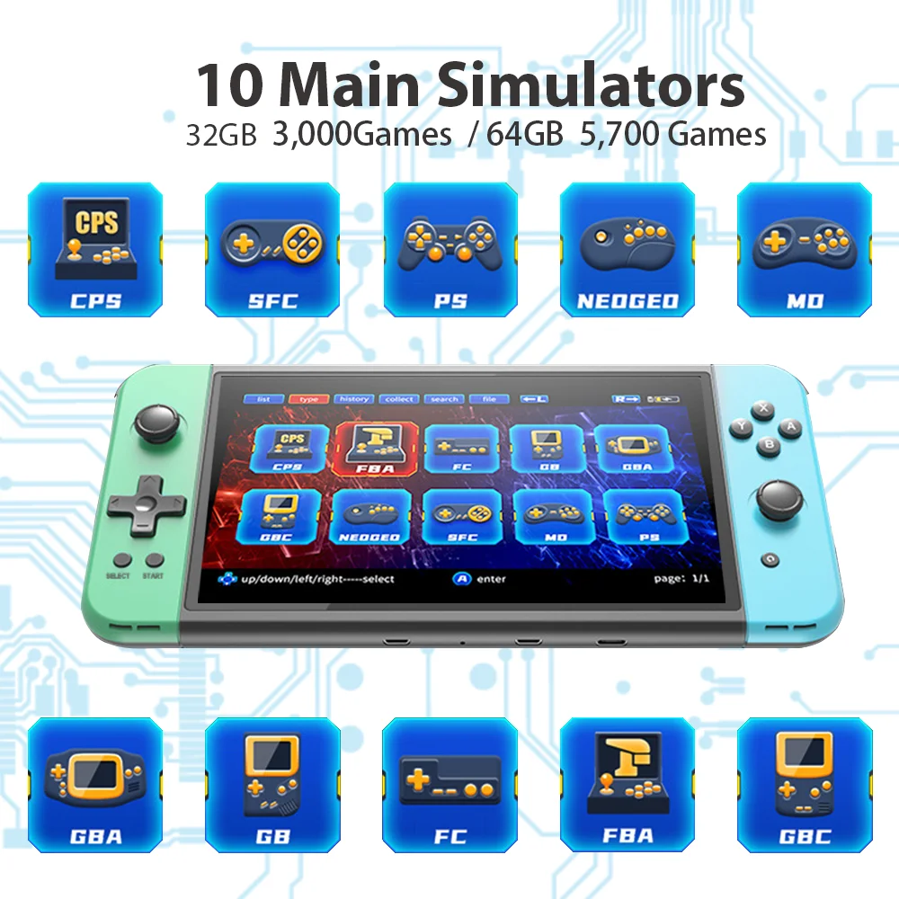 Tolex-X70 وحدة تحكم الألعاب المحمولة ، اللون الأخضر والأزرق ، 7.0 "شاشة TN ، 64G ، 5700 ألعاب ، محاكاة HD ، تلفزيون الإخراج ، وحدة تحكم ألعاب الفيديو