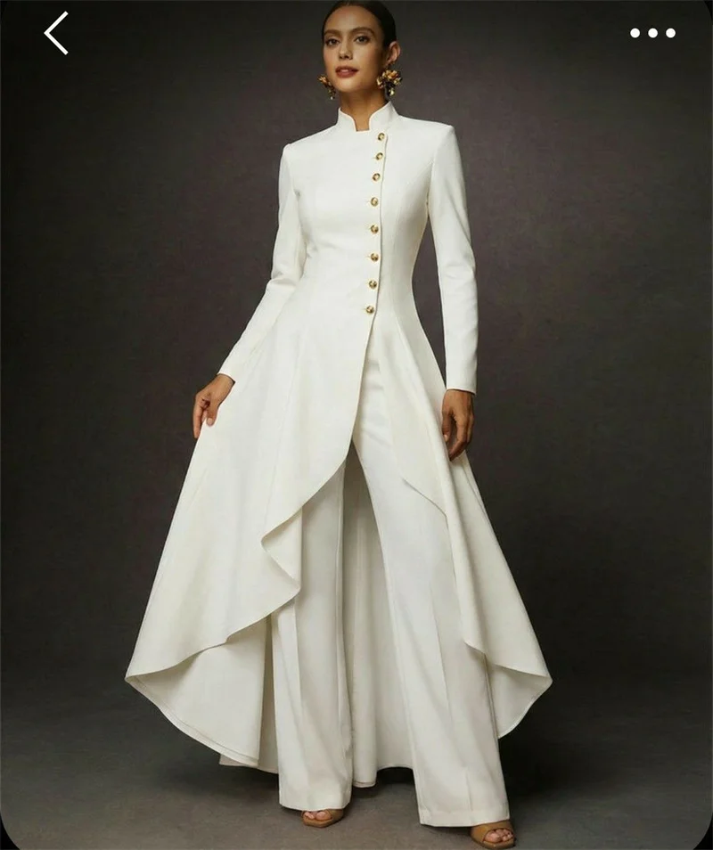 

Белый женский костюм-двойка: пиджак и брюки с длинным шлейфом, формальный офисный стиль, хлопковый, для свадьбы, на заказ