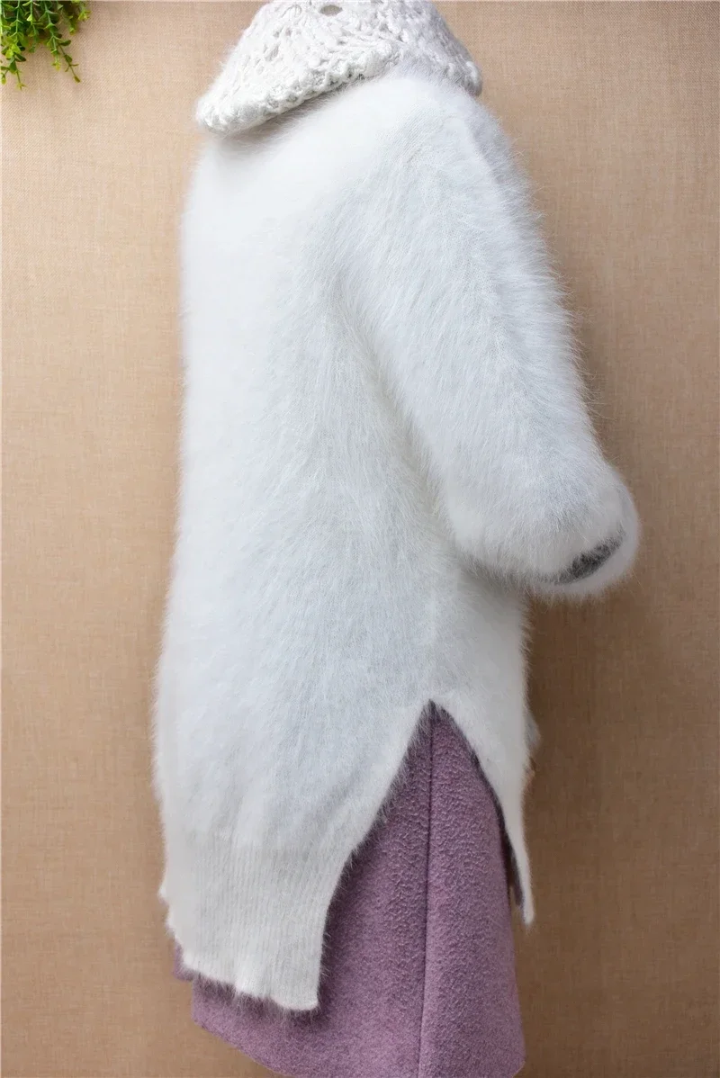 Feminino feminino outono inverno roupas branco peludo pelúcia vison cashmere malha gola alta blusas finas pulôver camisola puxar