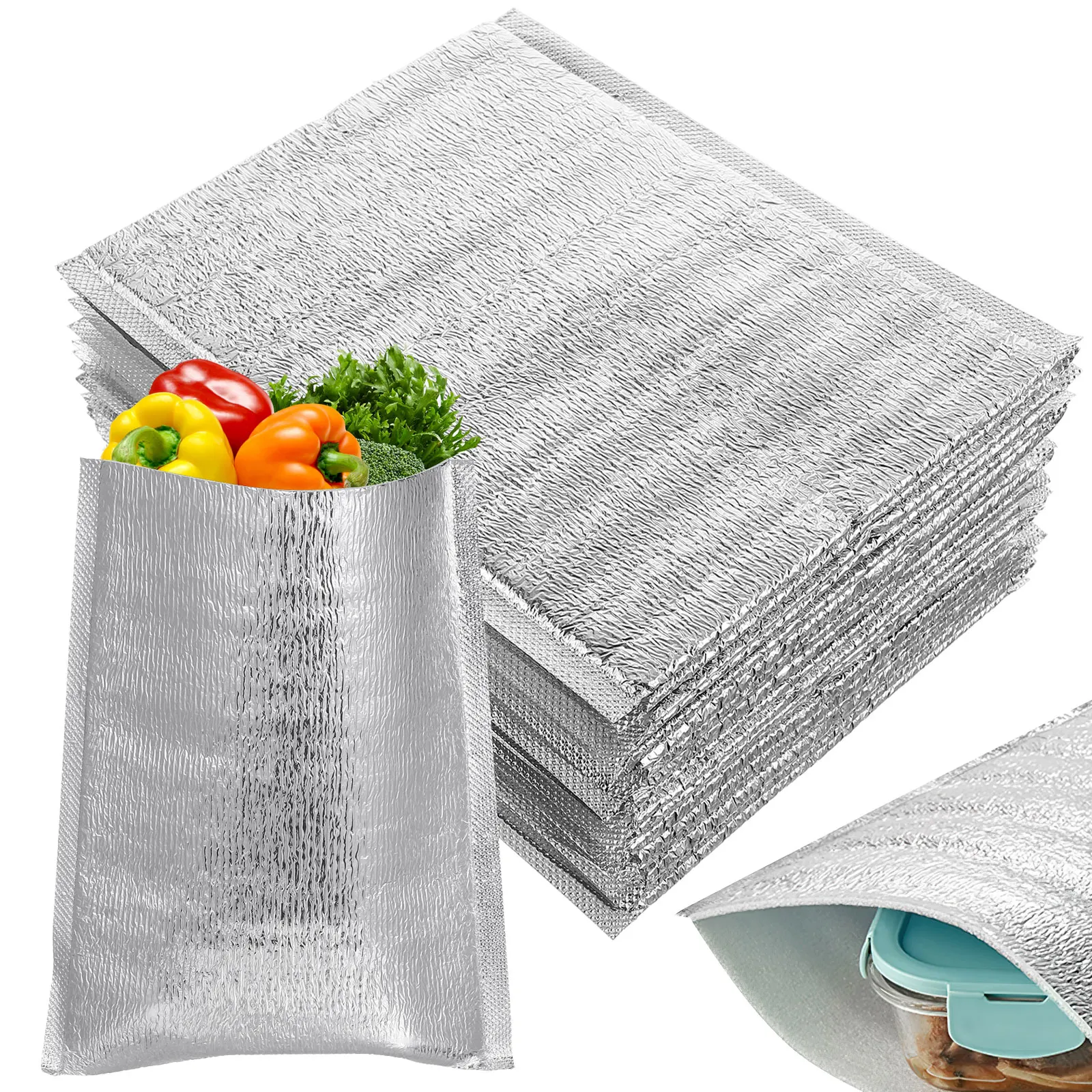 

20 pcs Silver Aluminum Foil Bags 20x25cm Insulated Storage Pouch for Fruits Vegetables Snacks Thermal Bag Keep Warm Foldable