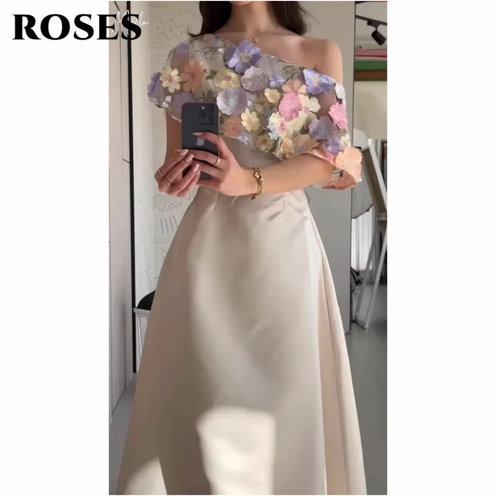 

ROSES Ivory Party Dress One - Shoulder Prom Dress with Delicate Multicolored Flower - Embellished Sleeve Formal Dress Customized