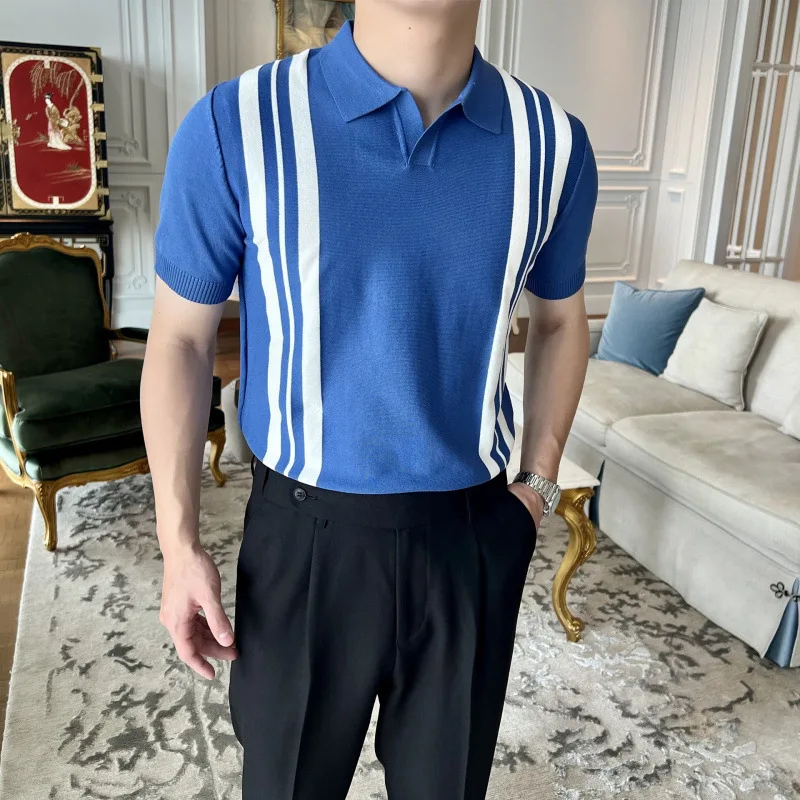

Ice Silk Knitted Shirt Men's Casual Turn-down Collar Slim Fit Half Sleeve Striped Color Block Short Sleeve Summer 2025